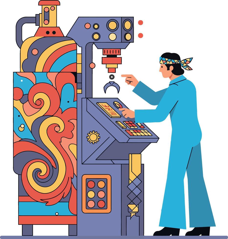 A person operating a colorful machine with artistic patterns in a flat design illustration vector
