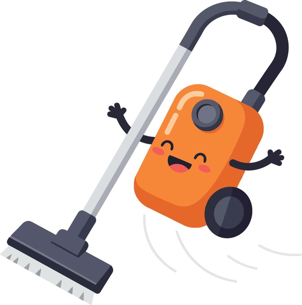 Cheerful vacuum cleaner character in a playful pose, flat design illustration vector