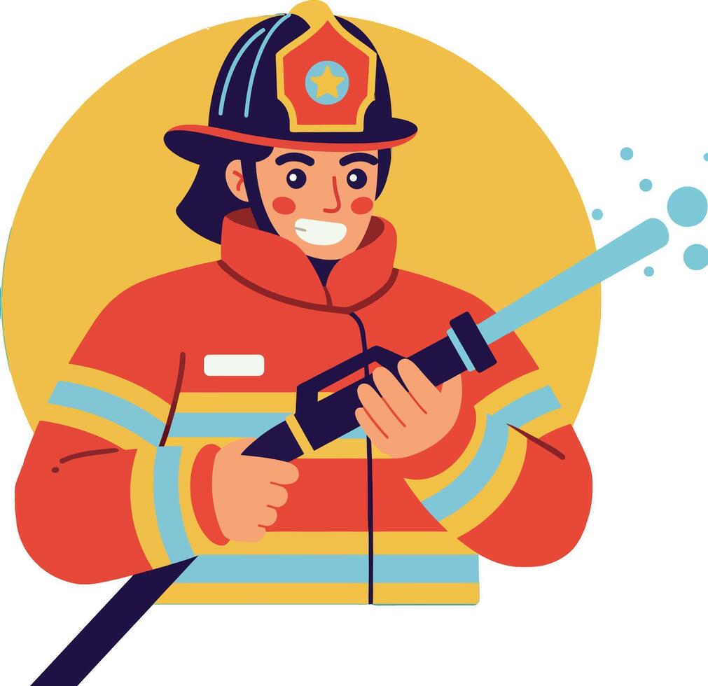 Firefighter holding a hose in bright uniform with a cheerful expression, flat illustration vector