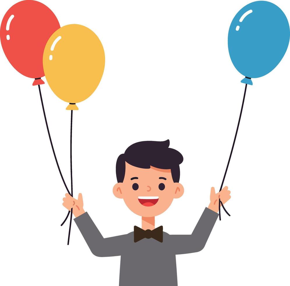 Happy boy with colorful balloons in minimal flat design illustration vector