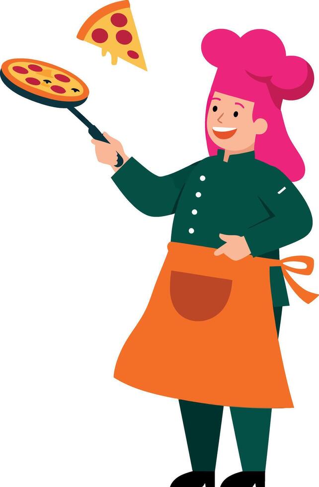 Cheerful chef tossing pizza dough in a bright kitchen, minimal art vector