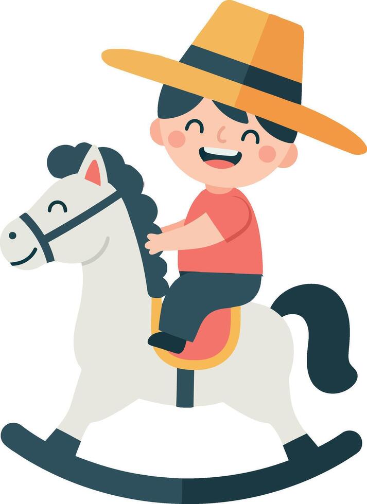 Happy child riding a rocking horse wearing a large hat in flat illustration vector