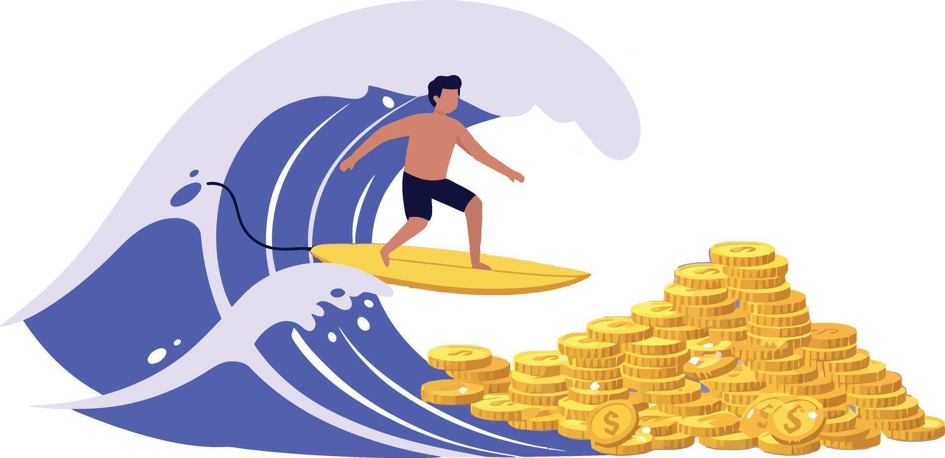 Surfer riding a vibrant wave above a pile of golden coins in flat art vector