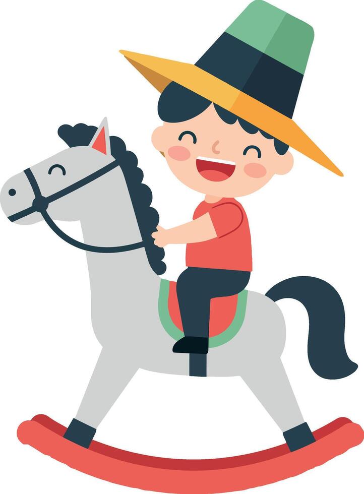 Happy child riding a rocking horse in a playful, colorful, flat illustration vector