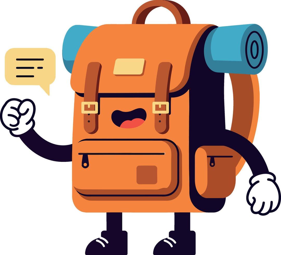 Happy cartoon backpack character with arms and a speech bubble in flat art vector