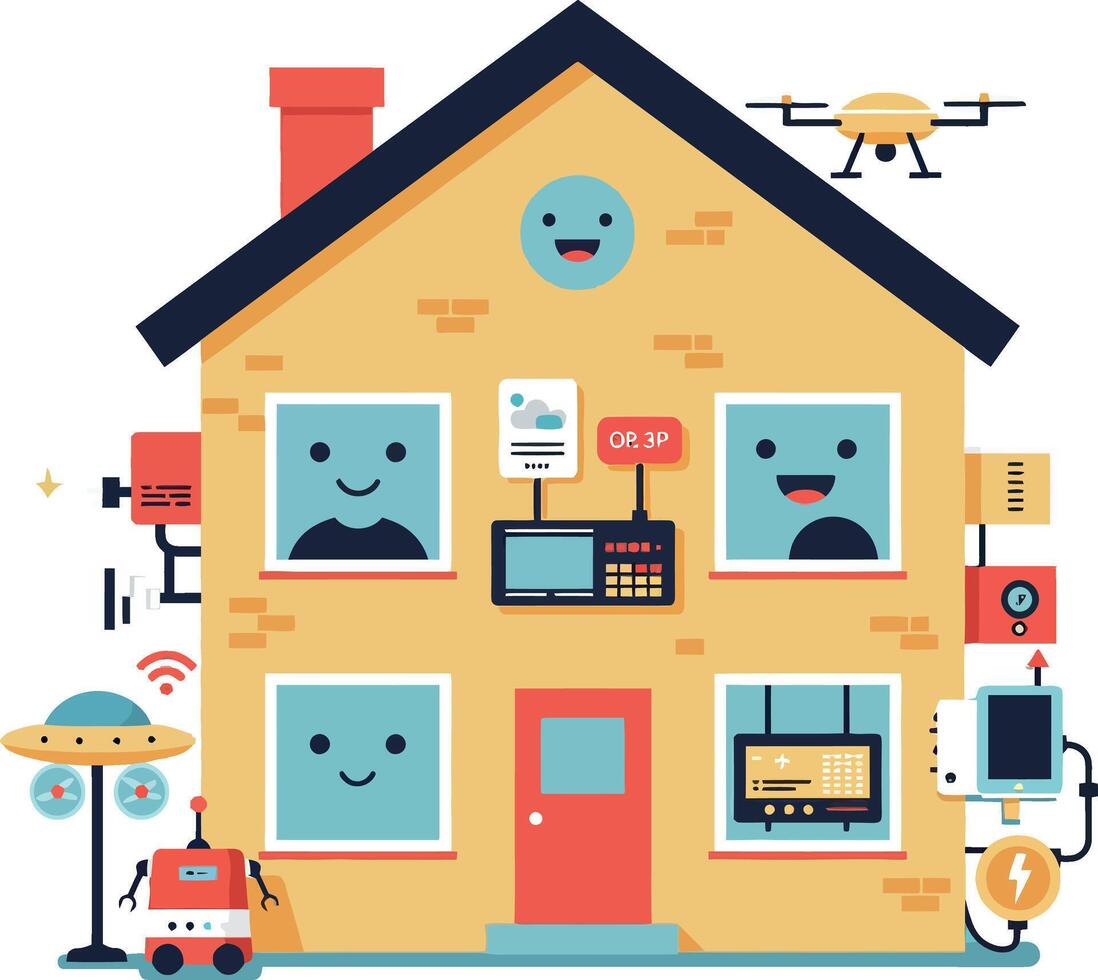 Smart house in a playful flat design featuring happy faces, gadgets, and technology in art vector