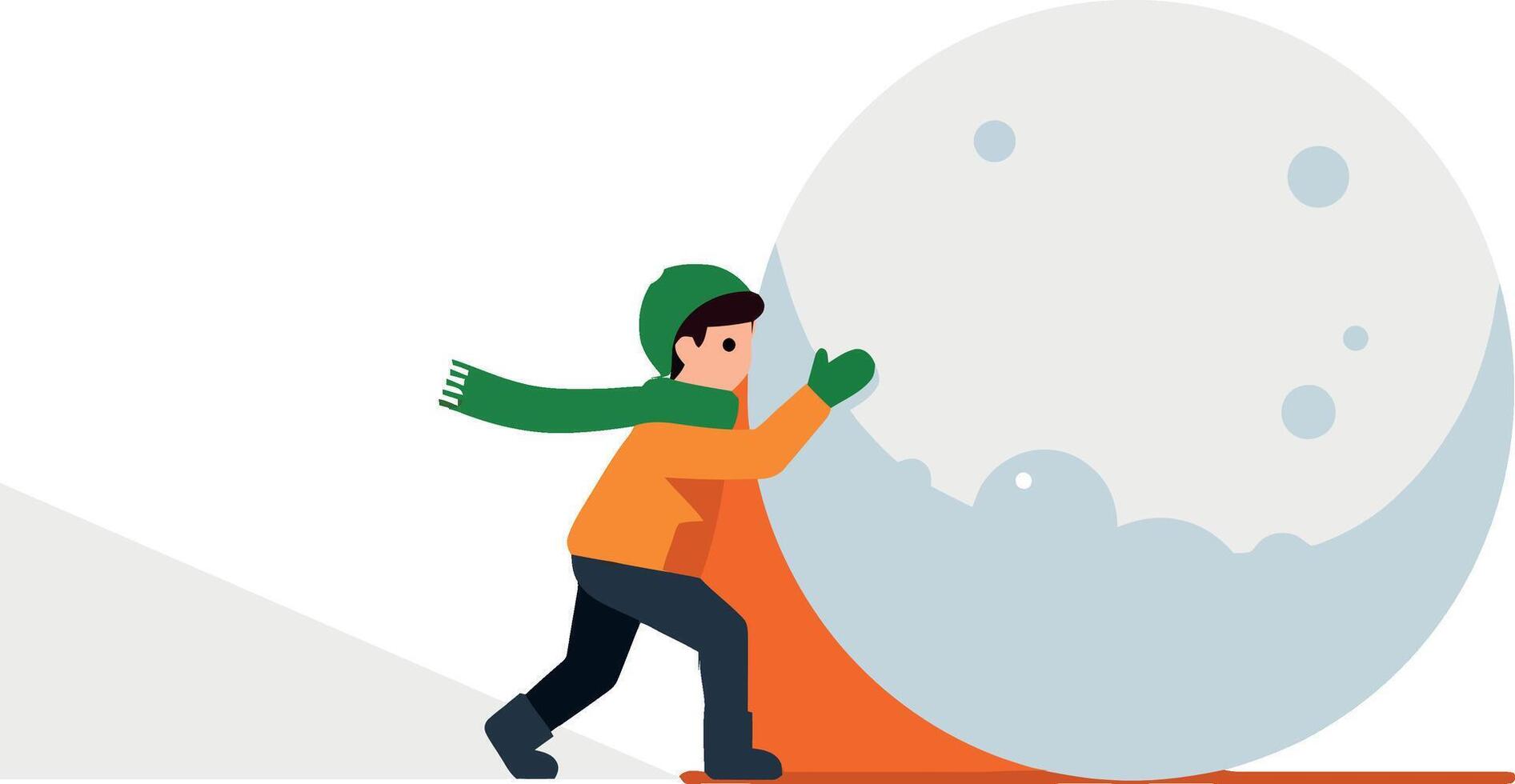 Child in orange jacket joyfully pushing a large snowball on a snowy slope in flat art vector