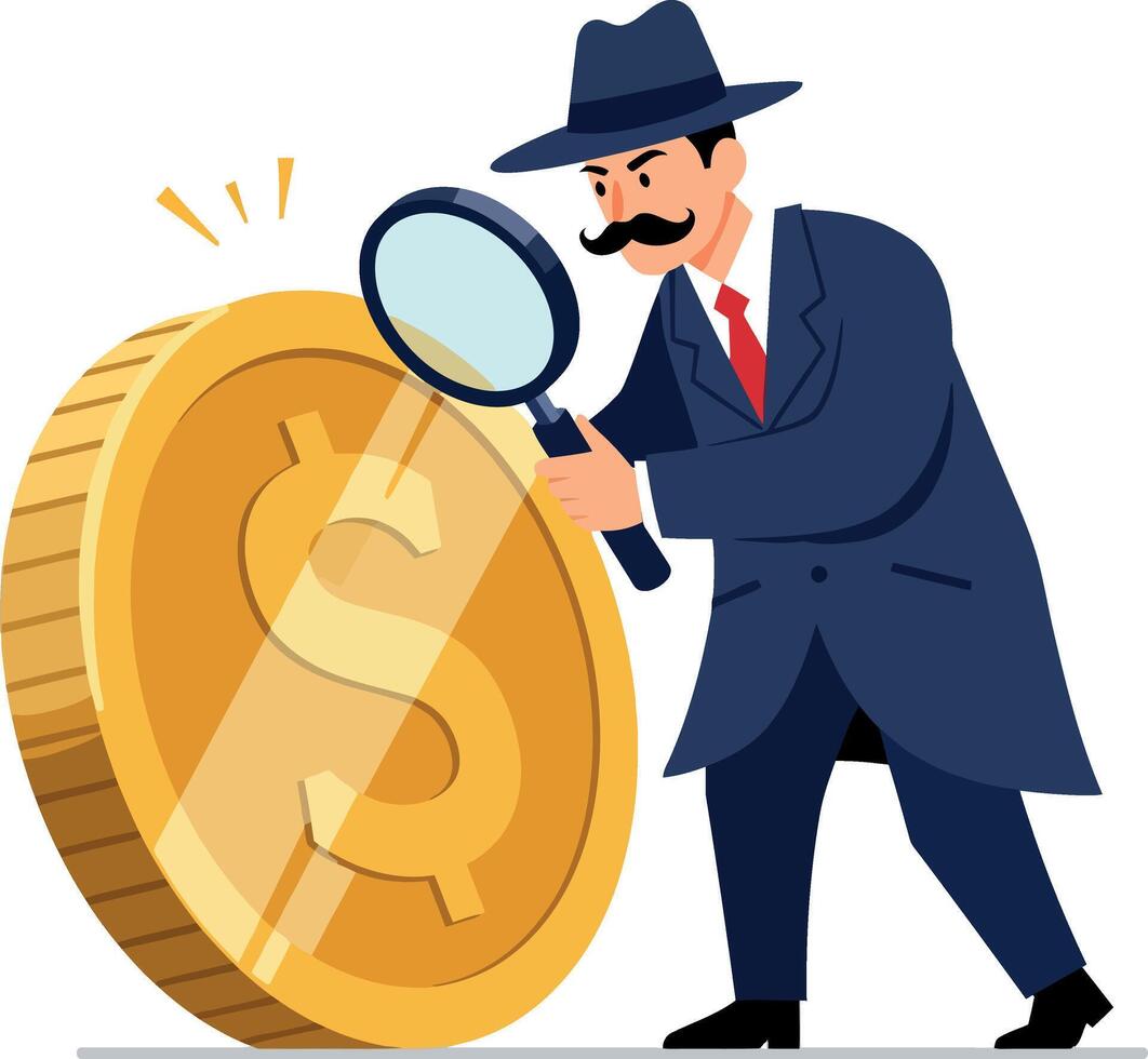 A detective examining a large gold coin with a magnifying glass in flat art vector