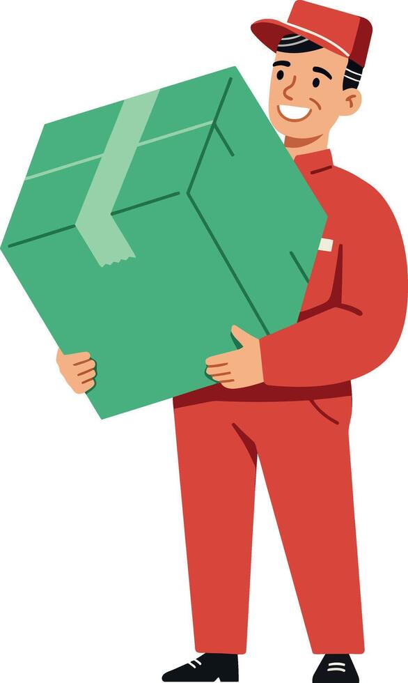 Delivery man in red uniform joyfully carrying a large green box in a flat illustration vector