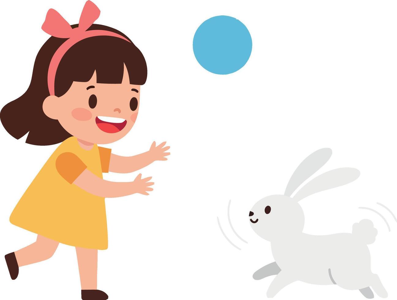 A cheerful girl in a yellow dress playing with a white rabbit and a blue ball in flat art vector