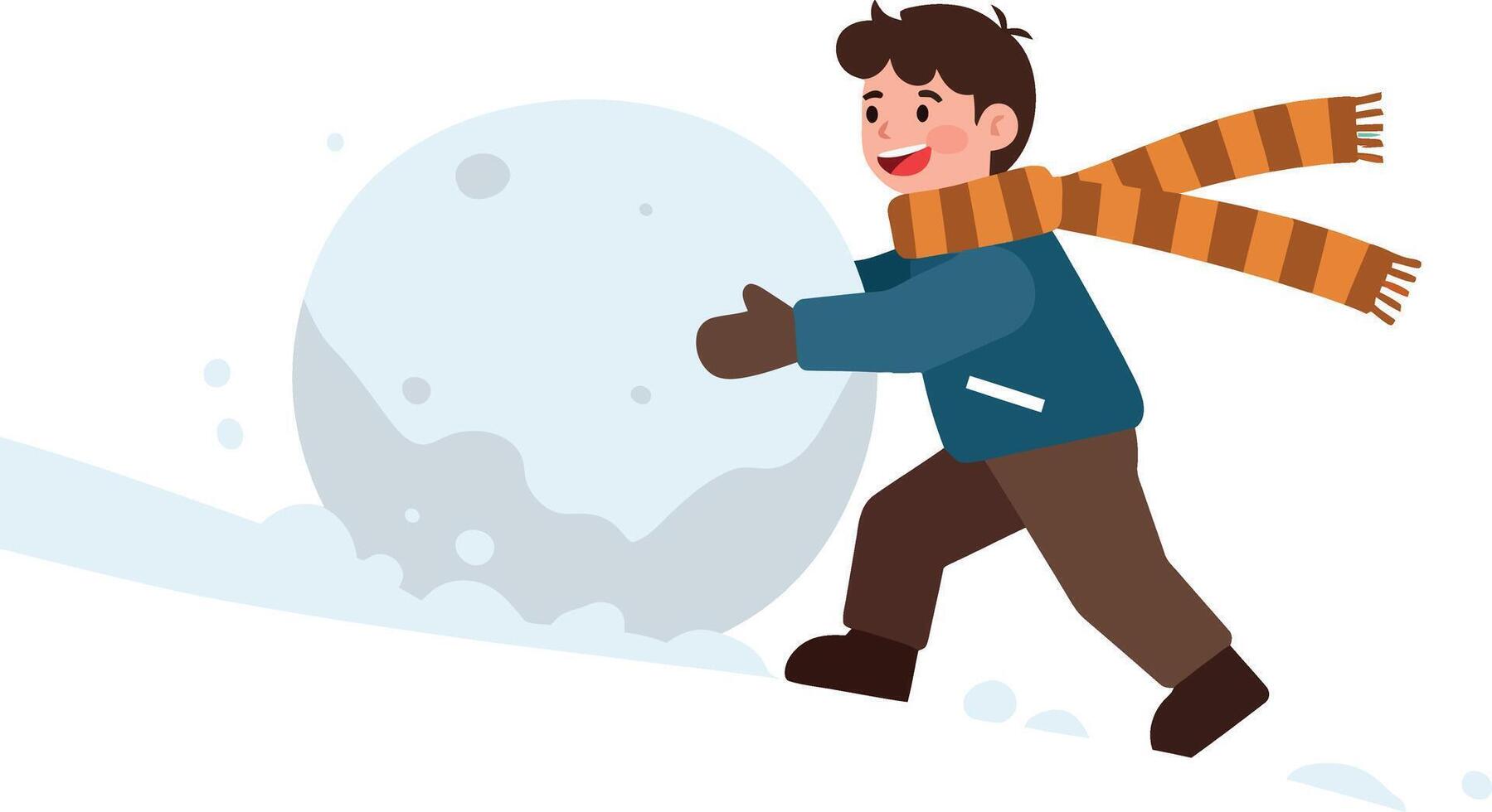 A cheerful boy rolling a large snowball in a winter landscape, flat illustration vector