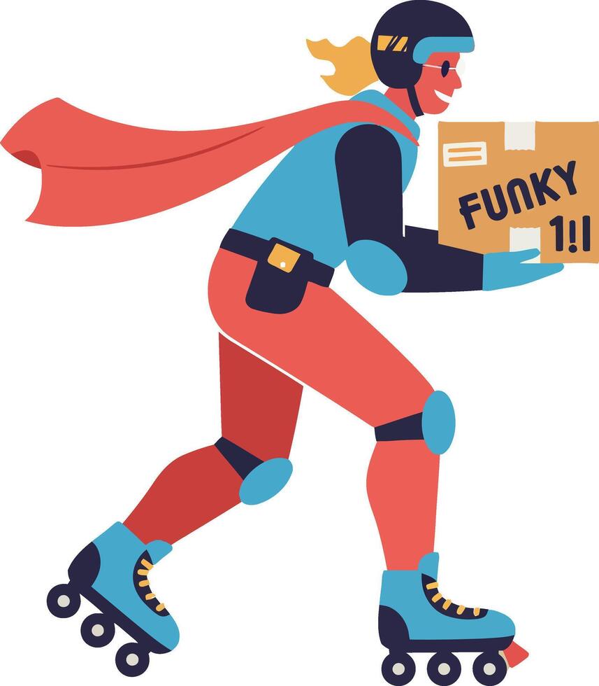 Rollerblading superhero delivering a funky package in flat art vector