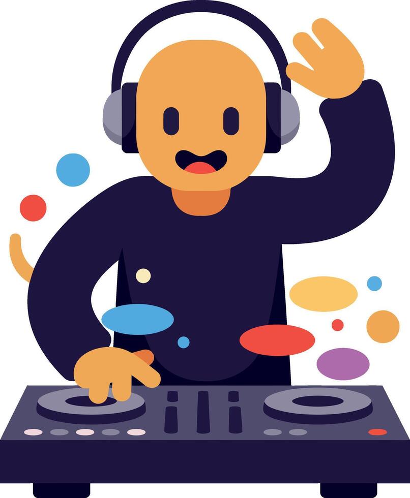 DJ mixing music with colorful sound waves in a flat illustration vector