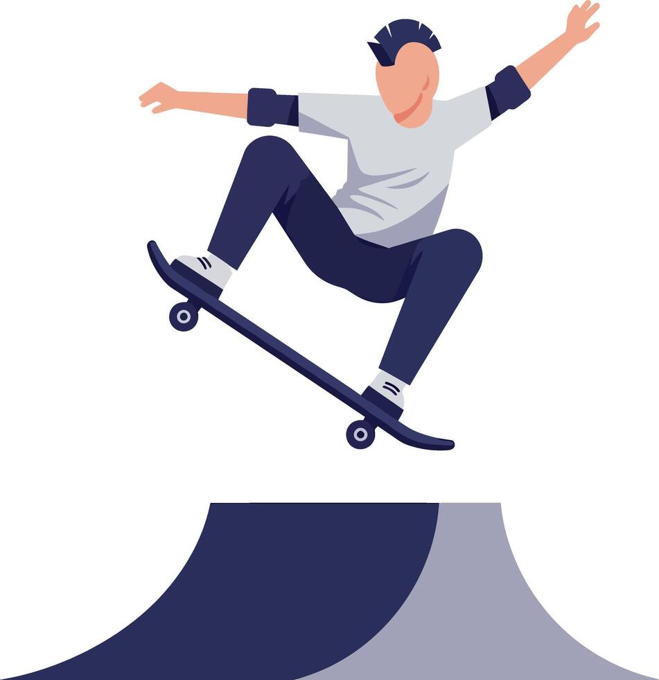 Skateboarder performing a jump on a ramp in flat art style illustrating dynamic movement and youthful energy vector