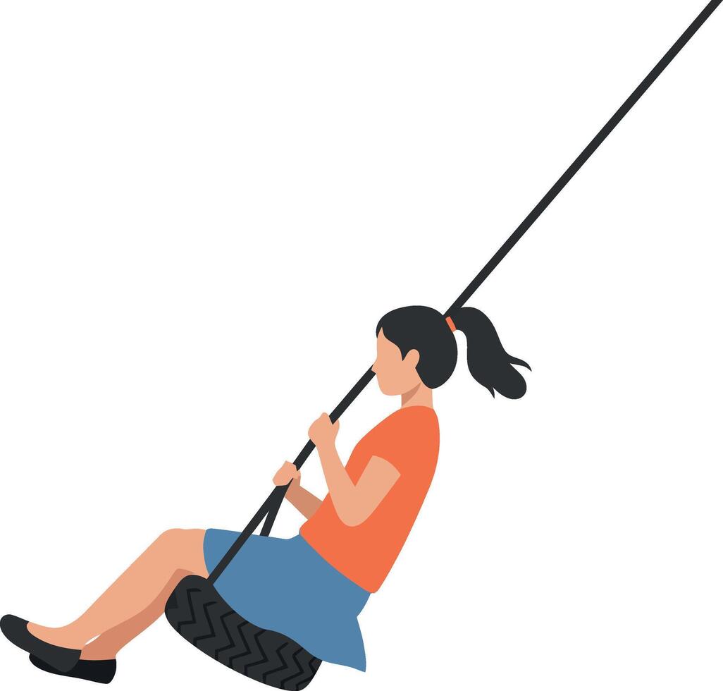 Girl swinging joyfully on a tire swing in a playful flat illustration vector