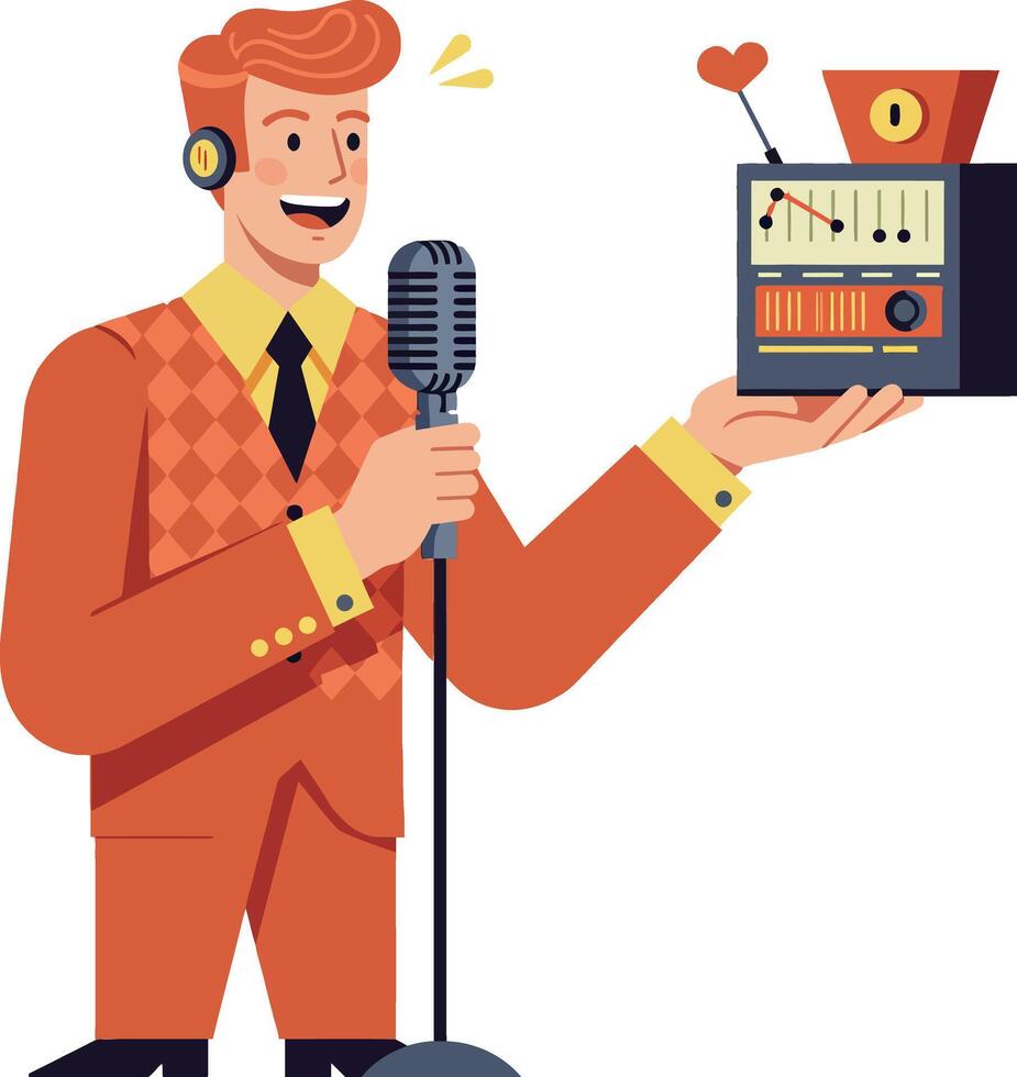 Cheerful man in retro outfit presenting a vintage radio, flat illustration vector