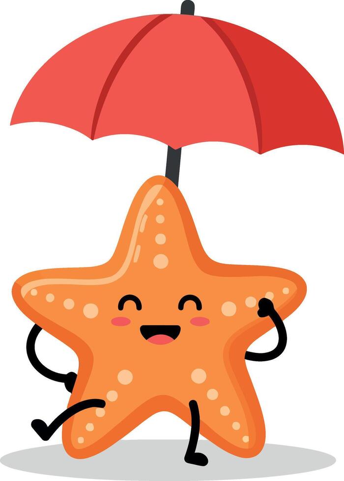 Happy starfish character holding a red umbrella in a cheerful flat illustration vector