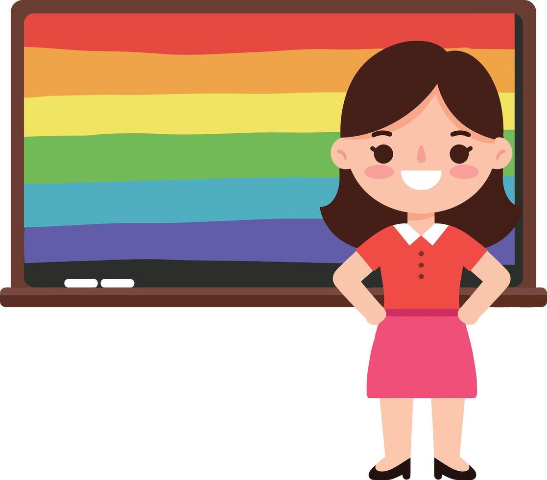 Smiling teacher standing proudly in front of colorful rainbow chalkboard in flat art vector