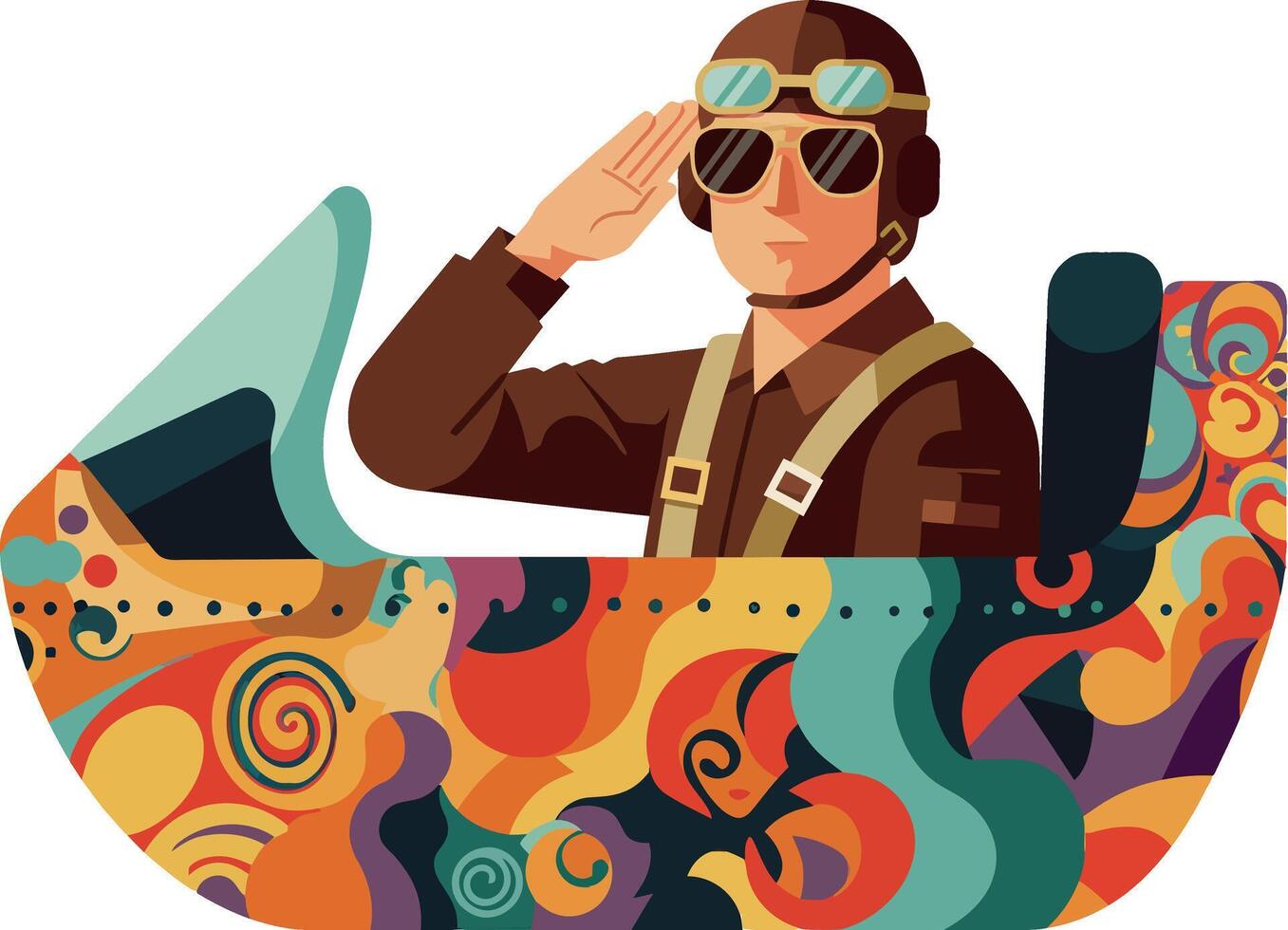 Airplane pilot saluting from colorful vintage aircraft in flat art vector