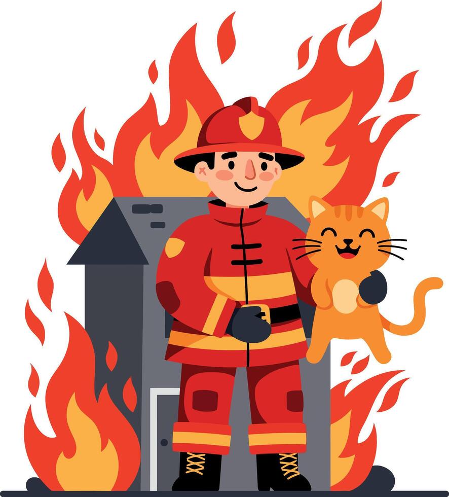A brave firefighter in red uniform rescuing a cheerful cat amidst vibrant flames in flat art vector