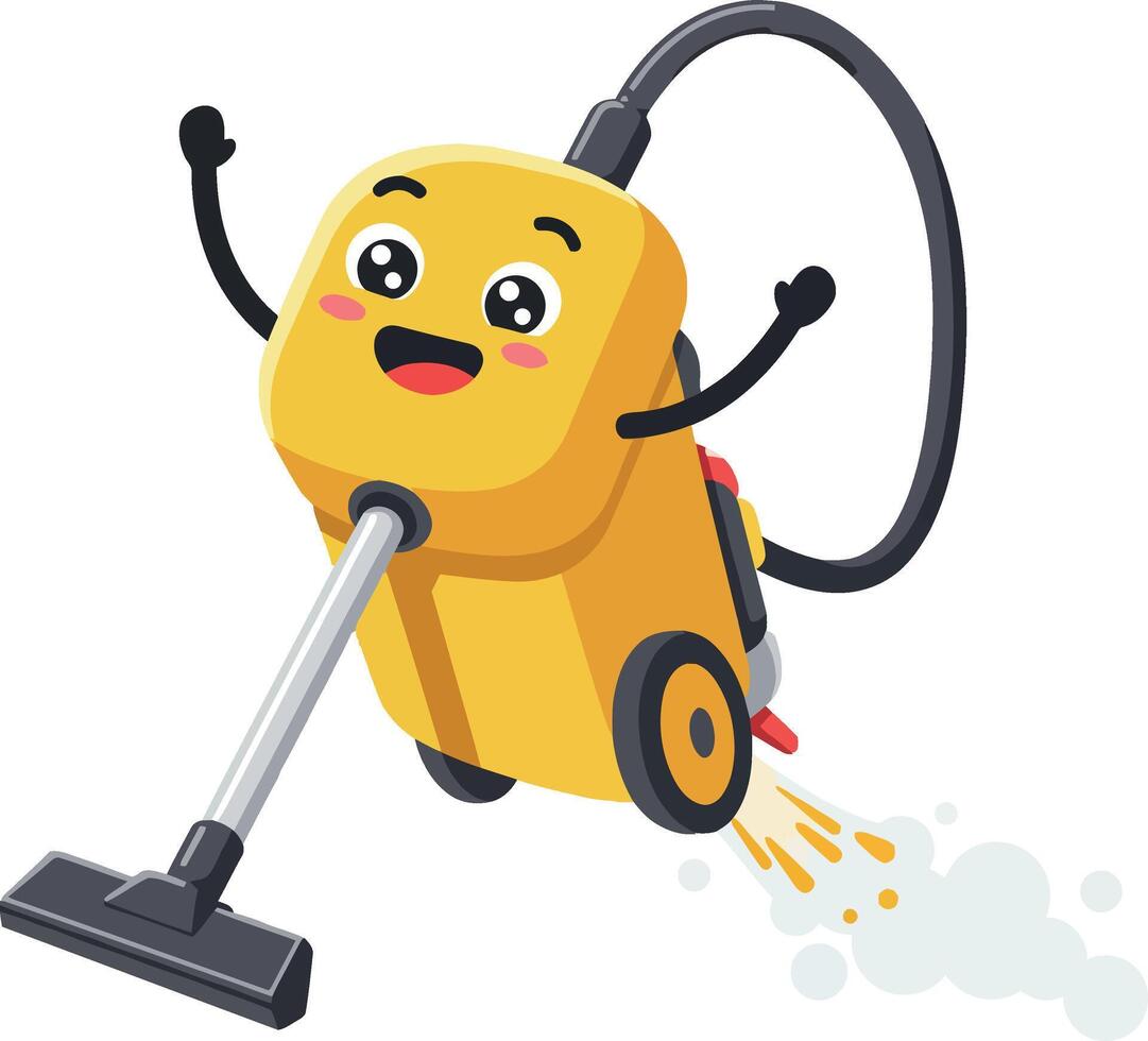A cheerful cartoon vacuum cleaner character in a flat design style, showcasing joy and energy, illustration vector