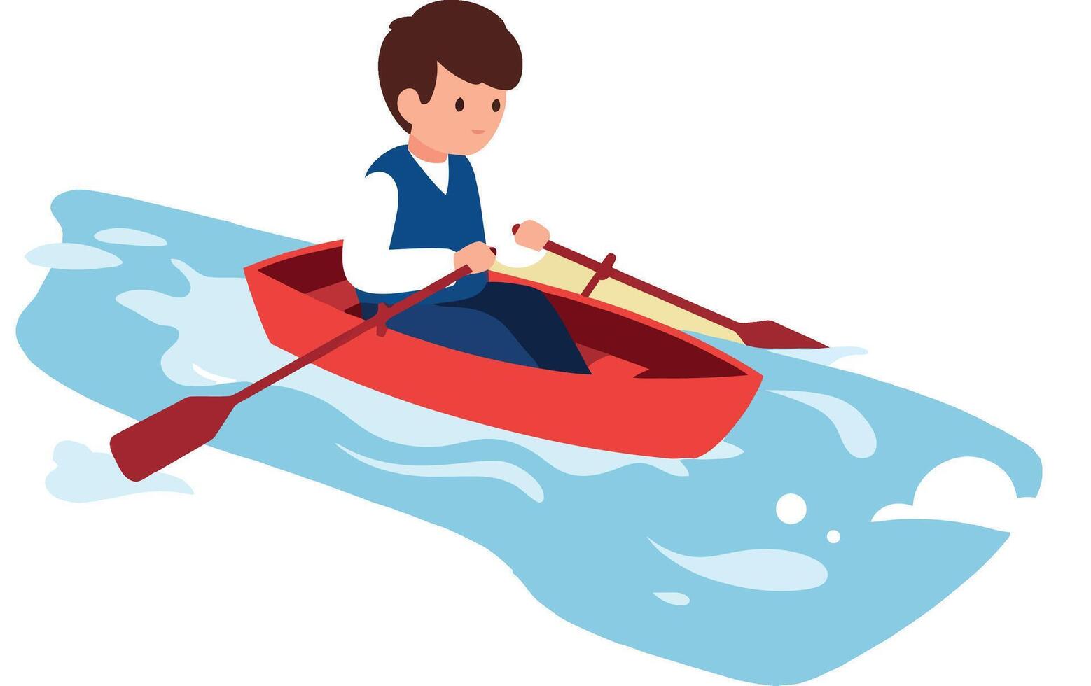 Young boy paddling a bright red kayak through gentle blue waters in a flat illustration vector