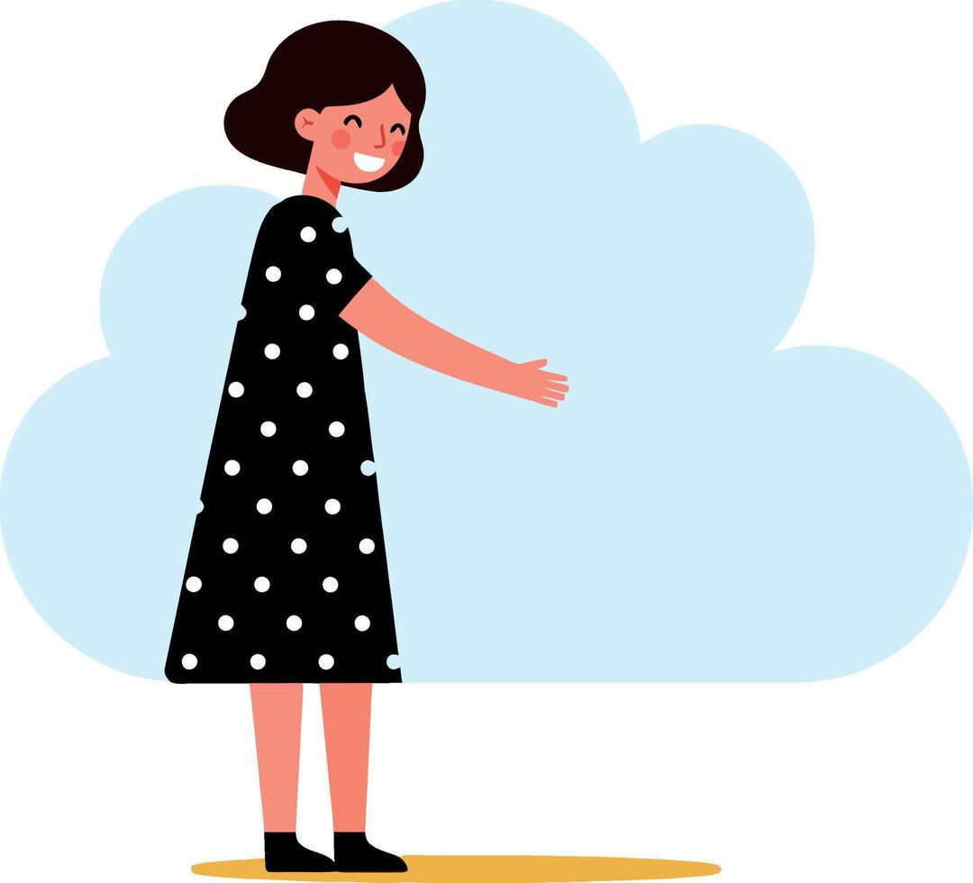 A cheerful girl in a polka dot dress reaching out towards a fluffy cloud in flat art vector