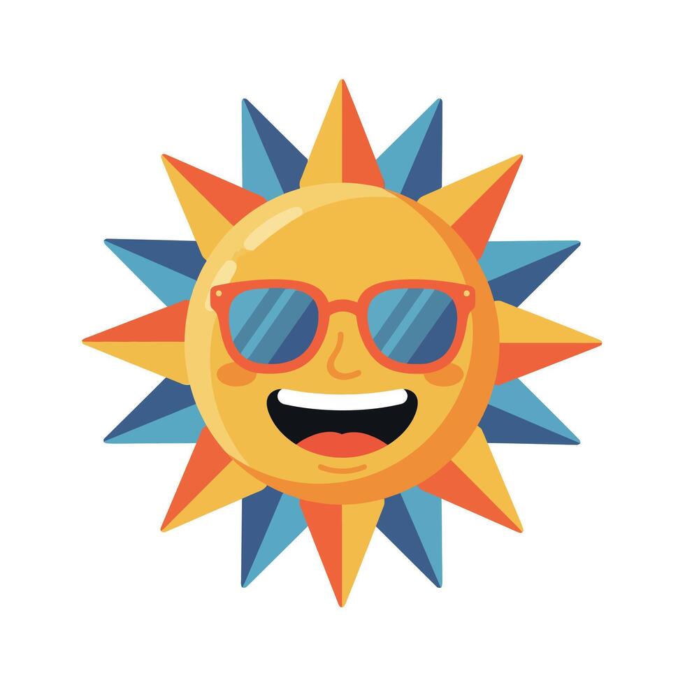 Happy sun character wearing sunglasses with colorful rays in a flat illustration vector