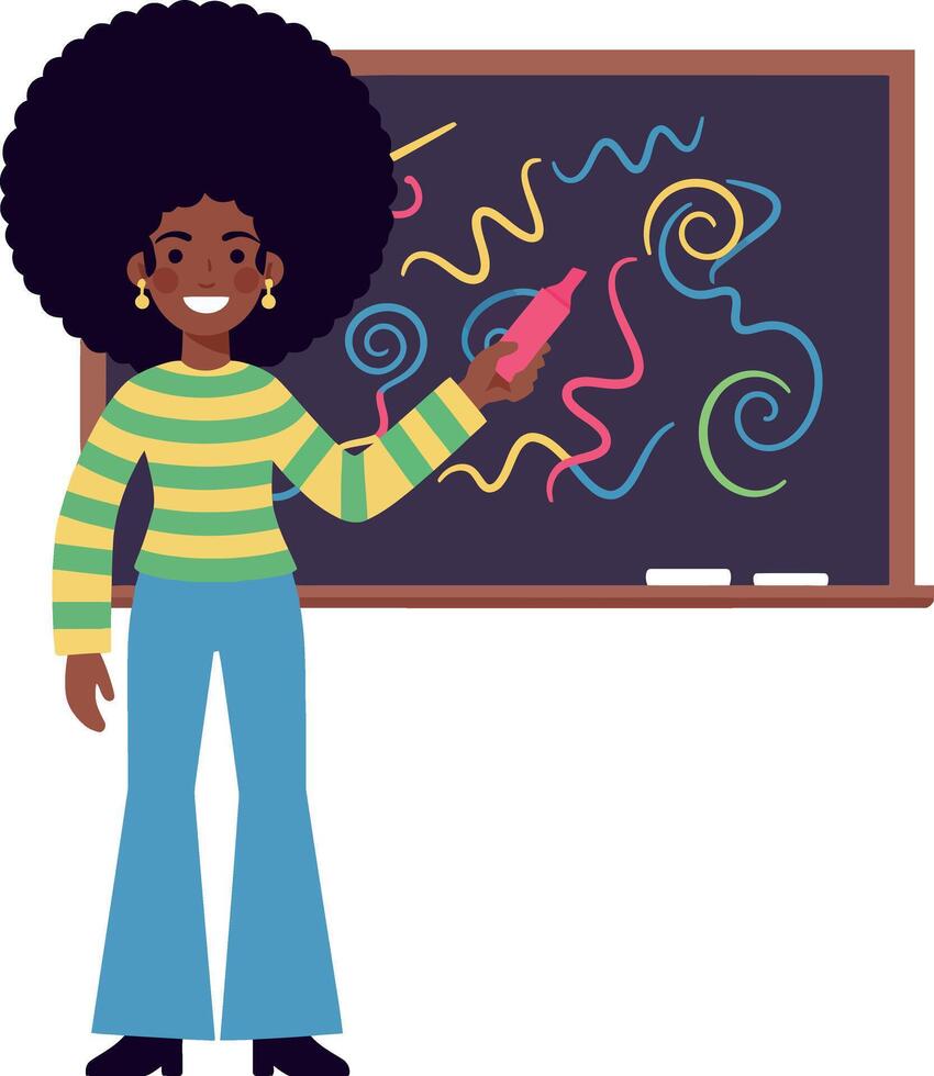A cheerful woman with an afro hairstyle presenting colorful drawings on a chalkboard in flat art vector