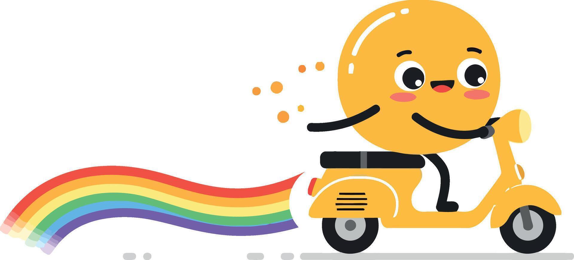 Cheerful yellow character riding a scooter with a rainbow trail in a flat illustration vector