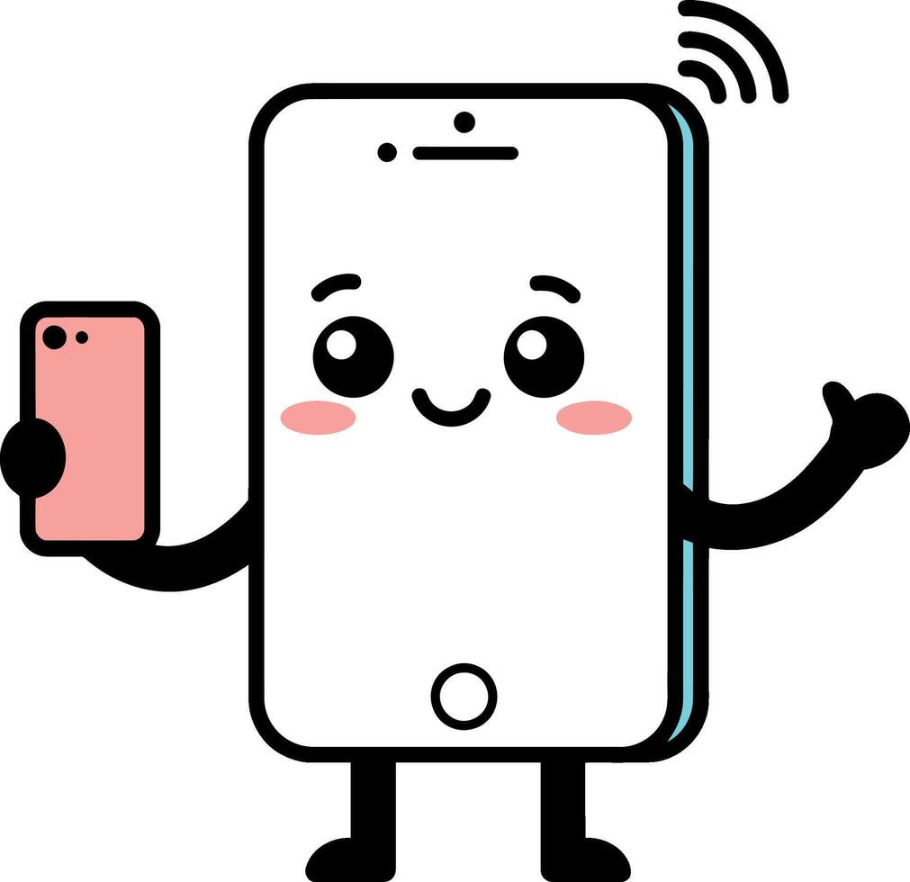 Happy smartphone character holding a smaller phone in a flat and cheerful illustration vector