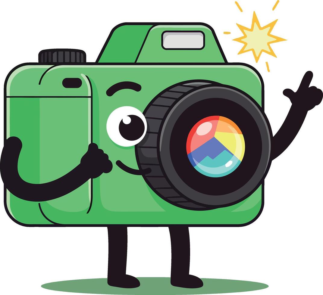 Cheerful green camera character with playful expression in flat art vector