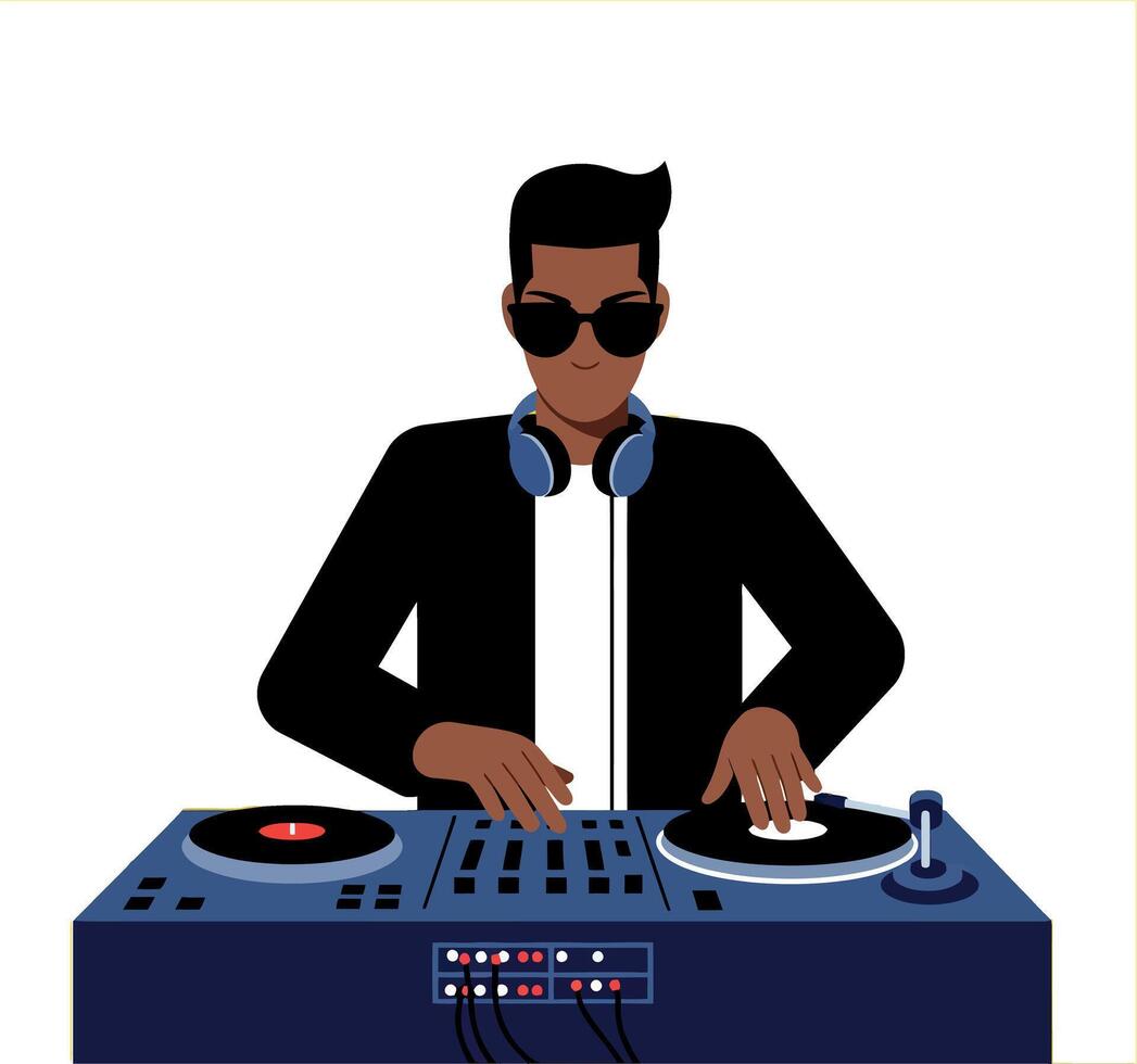 DJ performing at a lively party in a flat illustration style with vibrant colors and energetic atmosphere art vector