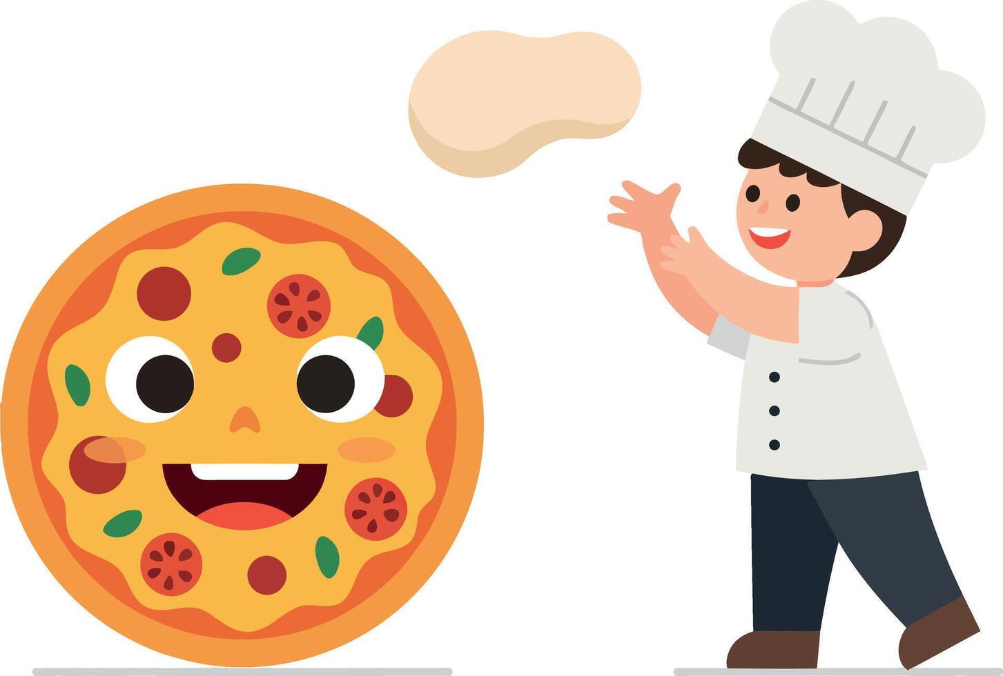 Cheerful chef tossing dough beside a happy cartoon pizza in flat art vector