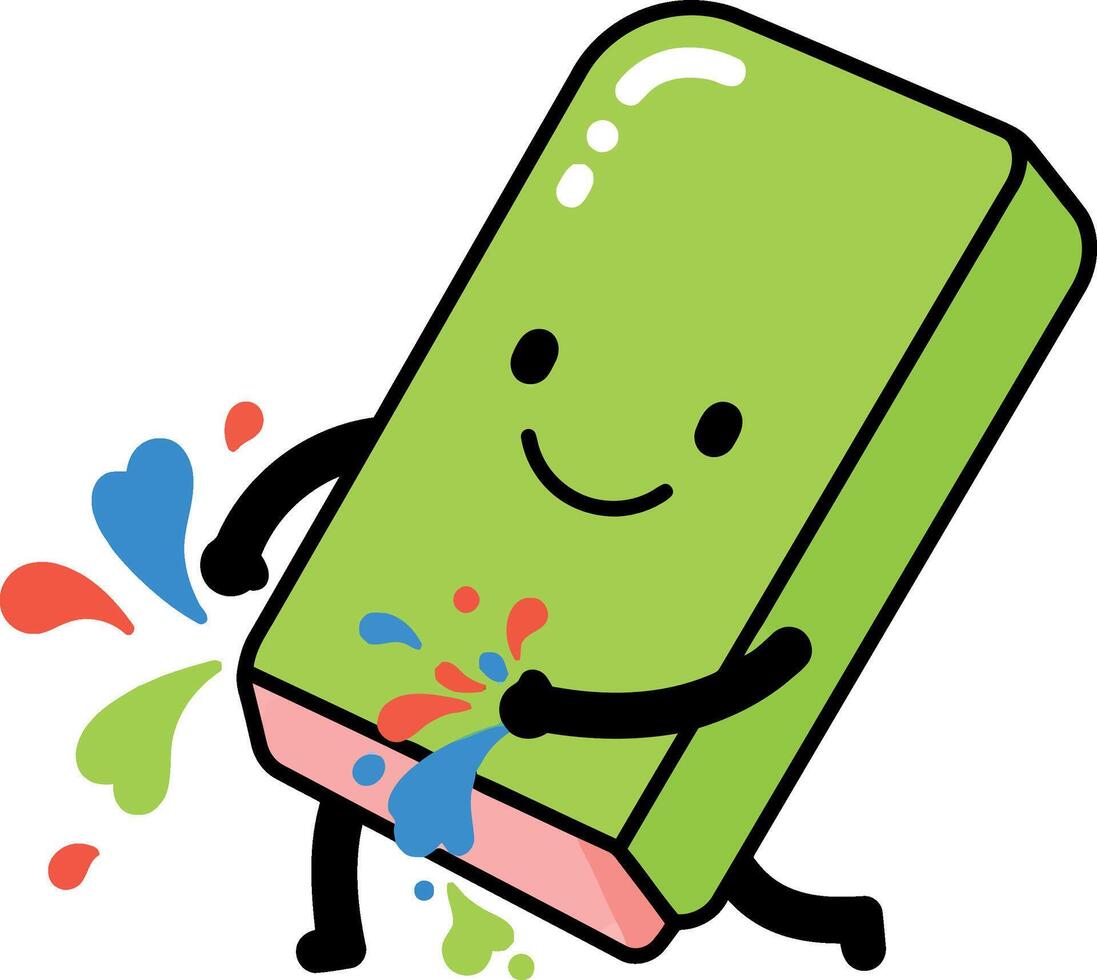Happy green eraser character playfully splashing colorful paint in a flat illustration vector