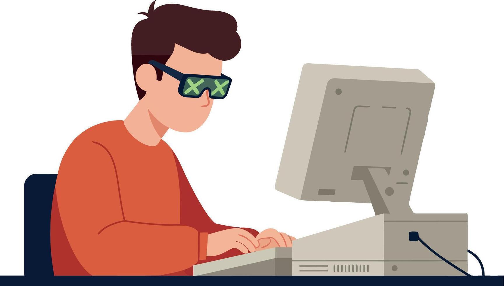 A young man wearing stylish glasses typing on a retro computer in a minimal flat illustration vector