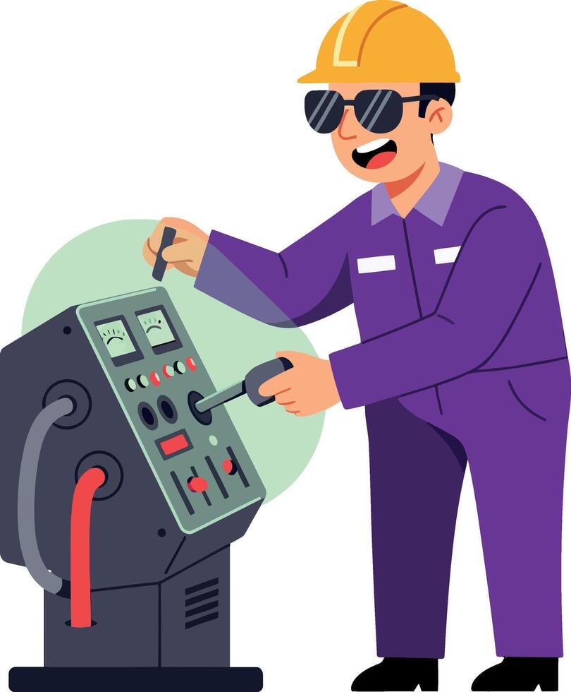 Technician in safety gear operating control panel with precision in flat art vector