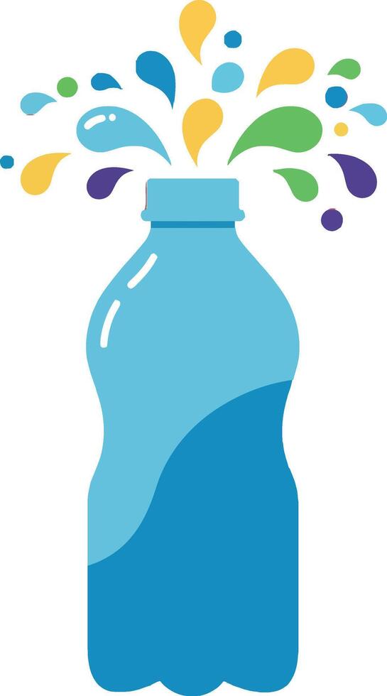 Bright blue water bottle with colorful splashes in a minimal illustration vector