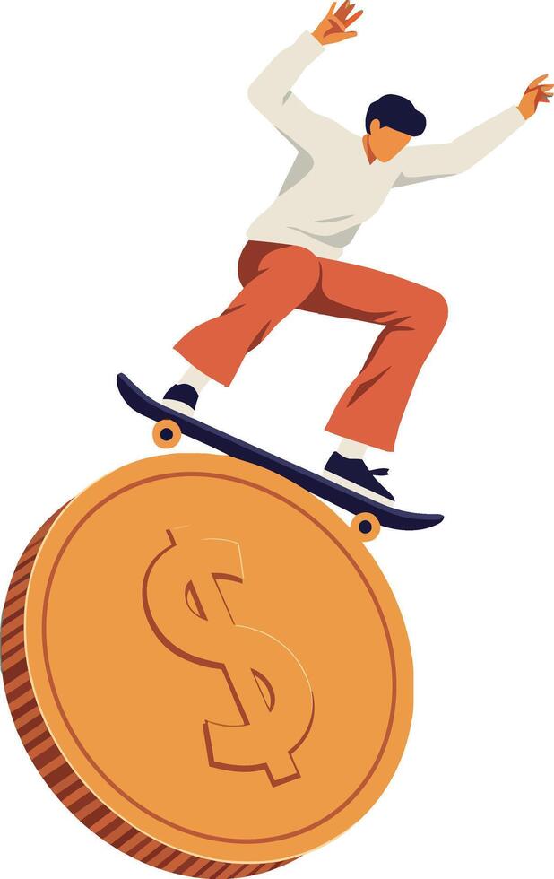 A skater performing a trick on a large golden coin in flat art vector