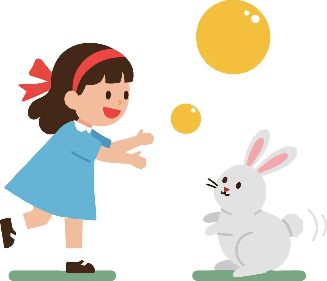 A joyful girl in a blue dress playing with a white rabbit and colorful bubbles in flat art vector
