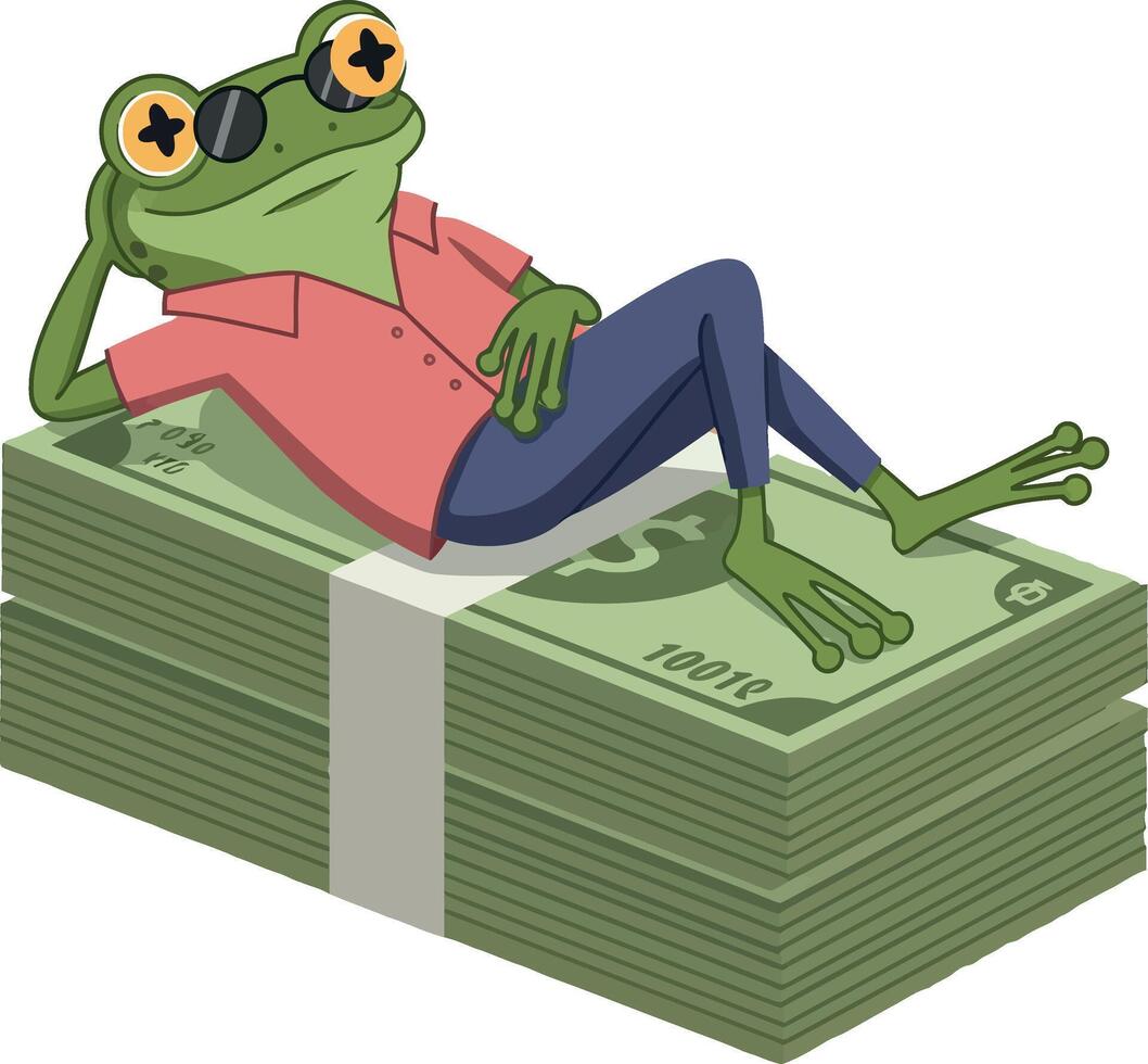 A relaxed frog lounging on a stack of cash in a flat illustration vector