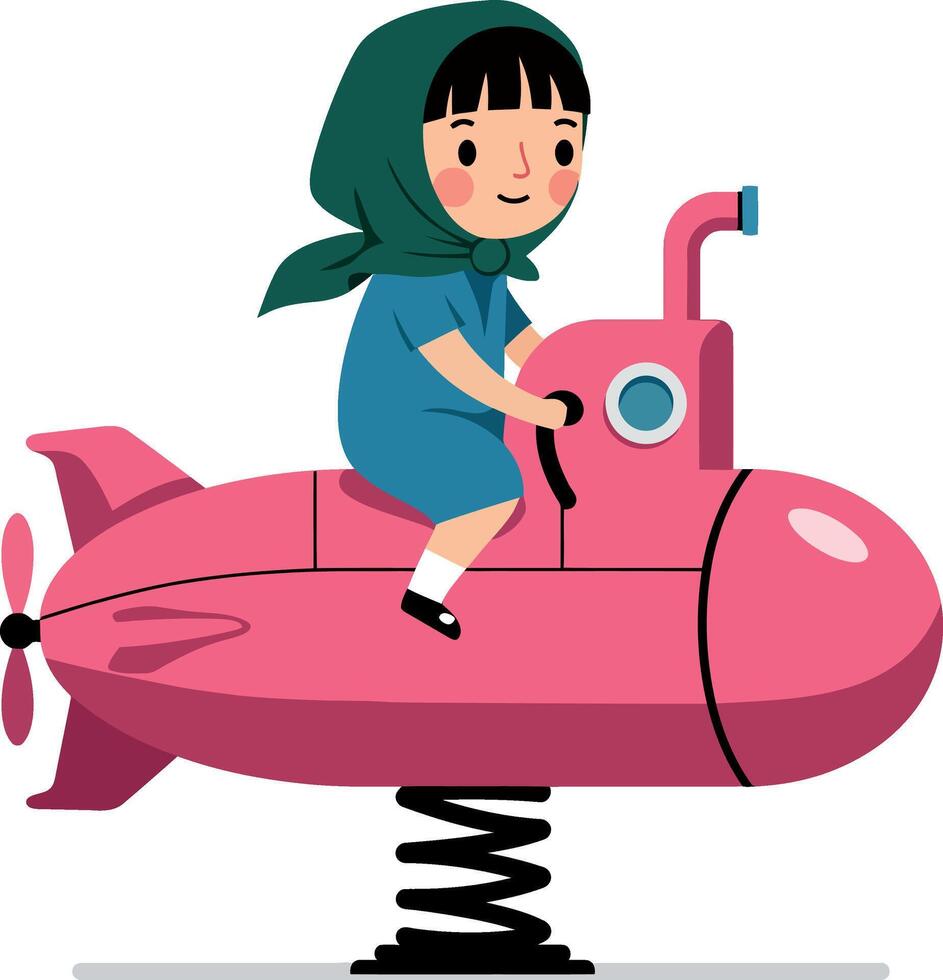A cheerful girl riding a pink submarine spring toy in a playful, flat illustration vector