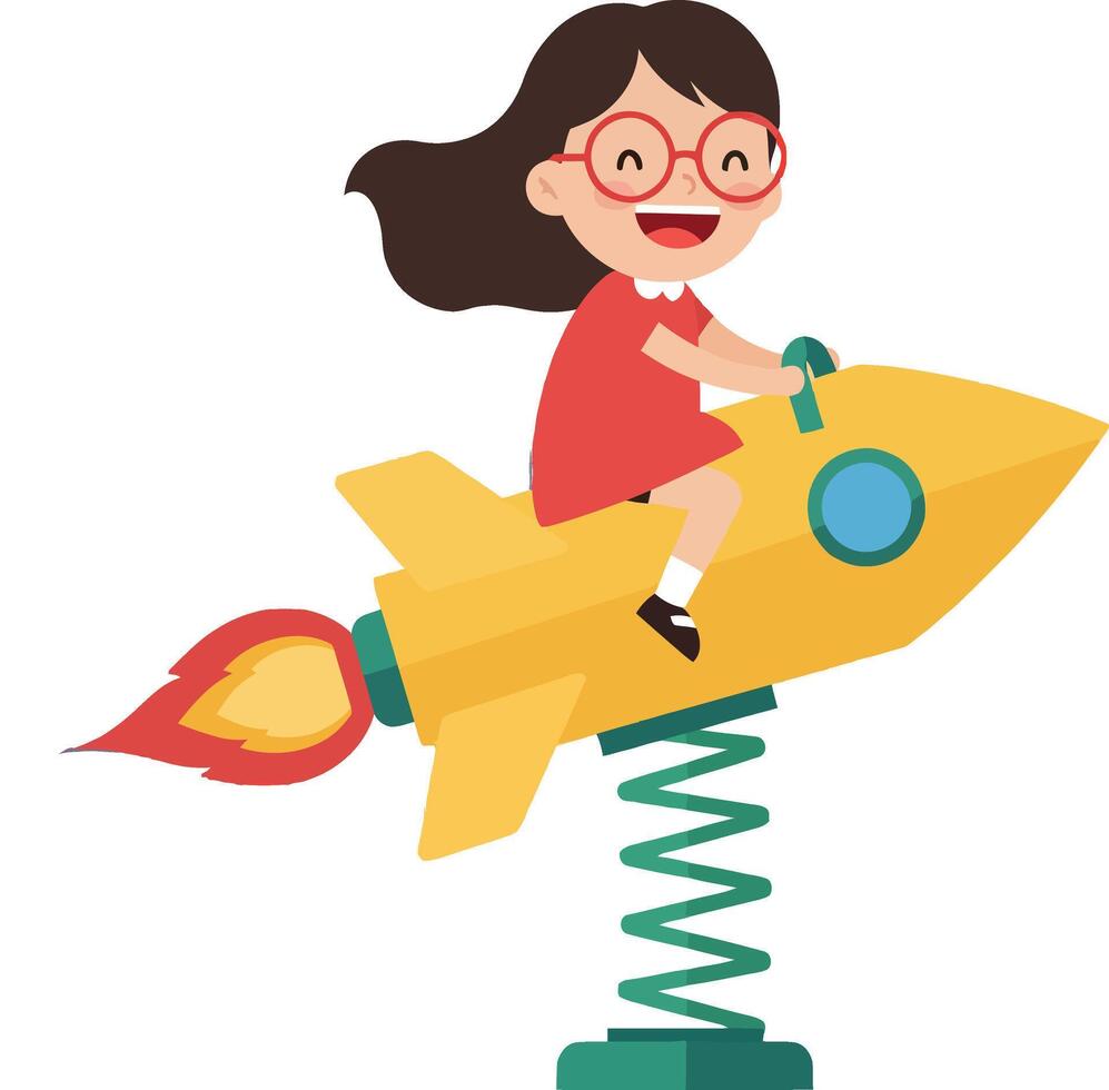 A cheerful girl riding a yellow rocket on a spring-mounted base in flat art vector