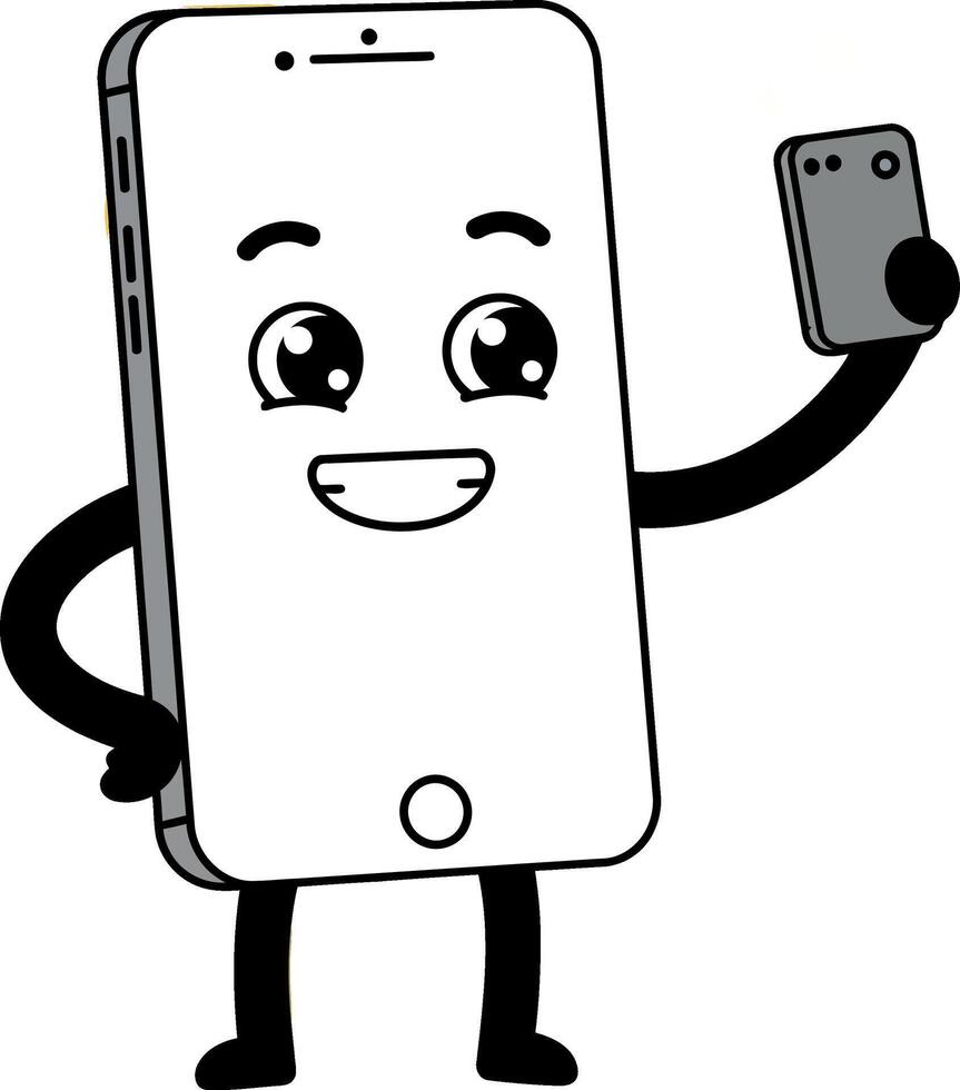A cheerful smartphone character taking a selfie in a playful flat illustration vector