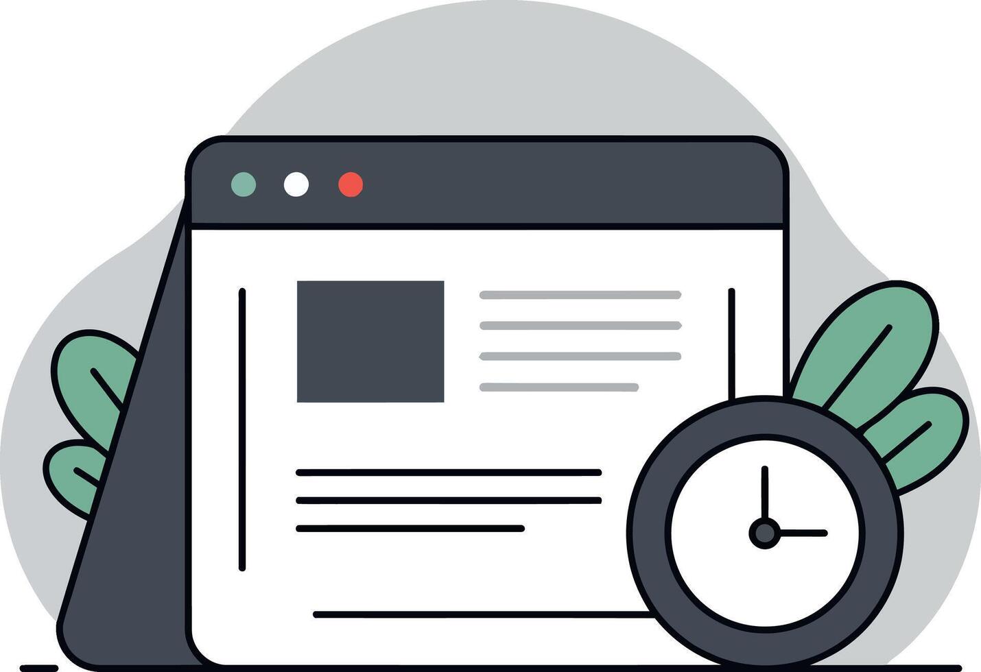 Digital clock beside a laptop with a minimalist design and green foliage in a calming art vector