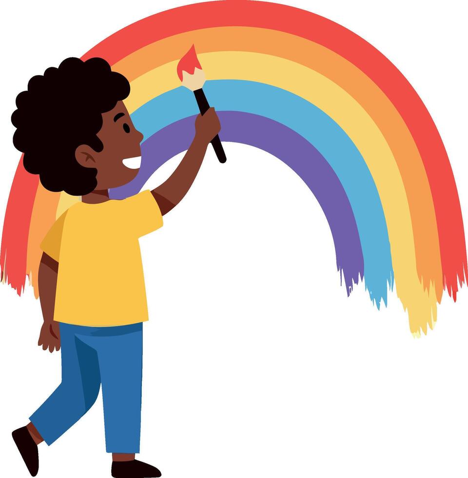 A cheerful child painting a vibrant rainbow in a playful flat illustration vector