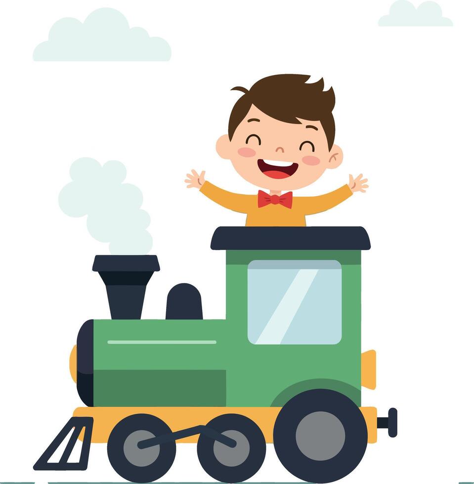 A cheerful boy enjoying a ride on a colorful train in flat art vector