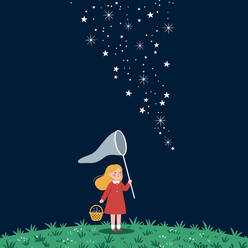 Girl in a red dress catching stars with a net in a whimsical flat illustration vector