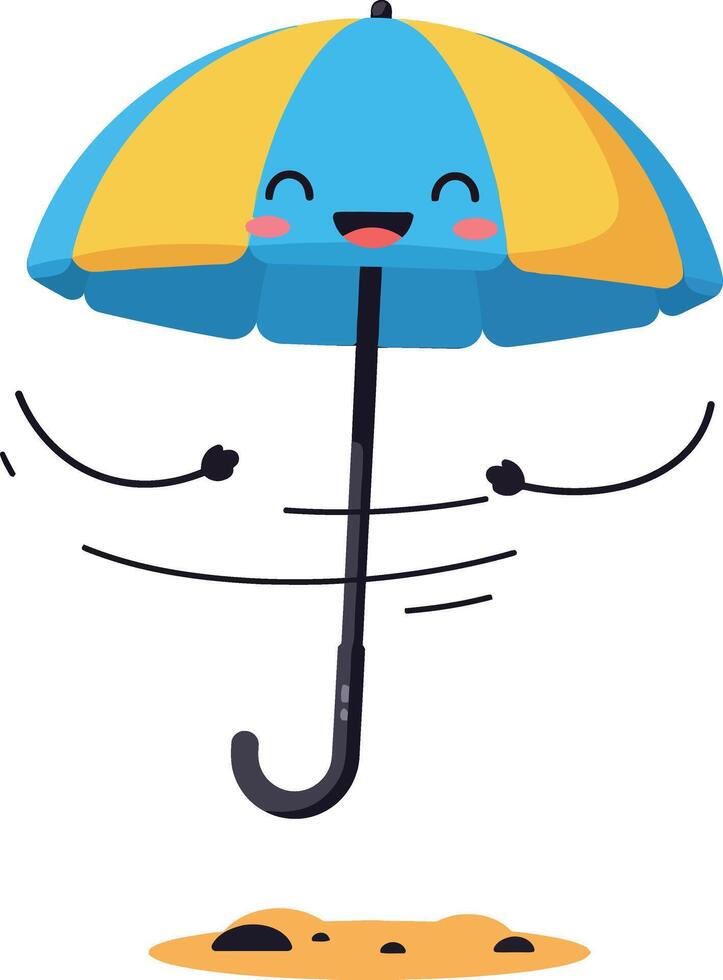 Happy blue and yellow umbrella character dancing joyfully in a playful, minimal illustration vector