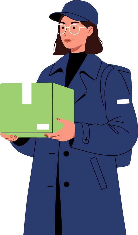 Delivery person wearing a blue coat and cap holds a green box in minimal illustration vector